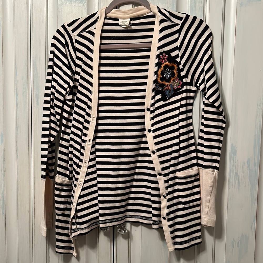 Anthropologie Striped Cardigan with embroidery patch
